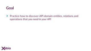 Goal
Practice how to discover API domain entities, relations and
operations that you need in your API
 