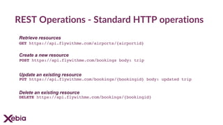 REST Operations - Standard HTTP operations
GET https://api.flywithme.com/airports/{airportid}
Retrieve resources
POST https://api.flywithme.com/bookings body: trip
Create a new resource
PUT https://api.flywithme.com/bookings/{bookingid} body: updated trip
Update an existing resource
DELETE https://api.flywithme.com/bookings/{bookingid}
Delete an existing resource
 