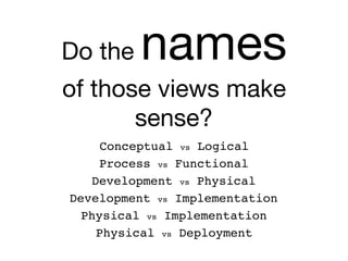 Do the names

of those views make
sense?
Development vs Physical
Process vs Functional
Conceptual vs Logical
Development vs Implementation
Physical vs Implementation
Physical vs Deployment
 