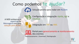 Como podemos te ajudar?
A NDD embarcou a
expertise de
Mensageria em uma
solução para REINF.
Solução pronta para rodar em Nuvem
Configuração e integração rápida, ágil e
intuitiva
Integração em TXT ou XML
Portal para gerenciamento e monitoramento
dos eventos
Reprocessamento | Download | Reintegração
 