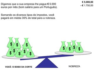 Digamos que a sua empresa lhe pague  €   5.000 euros por mês (bom salário para um Português). €   5.000,00 $ VOCÊ: O BOBO DA CORTE NOBREZA $ $ $ $ $ $ $ $ $ $ $ Somando os diversos tipos de impostos, você pagará em média 35% do total para a nobreza. -   €  1.750,00 $ VOCÊ: O BOBO DA CORTE NOBREZA $ $ $ $ $ $ $ $ $ $ $ 