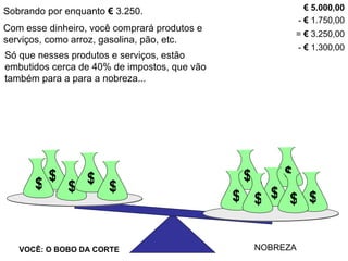 Sobrando por enquanto  €  3.250. Com esse dinheiro, você comprará produtos e serviços, como arroz, gasolina, pão, etc. €  5.000,00 -  €  1.750,00 =  €  3.250,00 $ VOCÊ: O BOBO DA CORTE NOBREZA $ $ $ $ $ $ $ $ $ $ $ Só que nesses produtos e serviços, estão embutidos cerca de 40% de impostos, que vão também para a para a nobreza... -  €  1.300,00 $ $ VOCÊ: O BOBO DA CORTE NOBREZA $ $ $ $ $ $ $ $ $ $ 