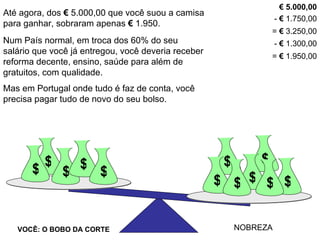 Até agora, dos  €  5.000,00 que você suou a camisa para ganhar, sobraram apenas  €  1.950. €   5.000,00 -  €  1.750,00 =  €  3.250,00 -  €  1.300,00 =  €  1.950,00 Num País normal, em troca dos 60% do seu salário que você já entregou, você deveria receber reforma decente, ensino, saúde para além de gratuitos, com qualidade. Mas em Portugal onde tudo é faz de conta, você precisa pagar tudo de novo do seu bolso. $ $ VOCÊ: O BOBO DA CORTE NOBREZA $ $ $ $ $ $ $ $ $ $ 