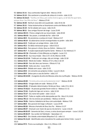 93. Salmos 31:11 - Seus conhecidos fugiram dele - Marcos 14:50
94. Salmos 31:13 - Eles aceitaram o conselho de coloca-lo à morte - João 11:53
95. Salmos 31:14,15 - "Confiou em Deus, pois venha livrá-lo agora, se de fato lhe quer bem,
porque disse: Sou filho de Deus" - Mateus 27:43
96. Salmos 34:20 - Nenhum osso dele seria quebrado - João 19:31-36
97. Salmos 35:11 - Falsas testemunhas se levantaram contra ele Mateus 26:59
98. Salmos 35:19 - Ele foi odiado sem causa - João 15:25
99. Salmos 38:11 - Seus amigos ficaram de longe - Lucas 23:49
100. Salmos 40:2-5 - Previu a alegria de sua ressurreição - João 20:20
101. Salmos 40:6-8 - Seu prazer, a vontade do Pai - João 4:34
102. Salmos 40:9 - Ele proclamou a justiça em Israel - Mateus 4:17
103. Salmos 40:14 - Os adversários seriam envergonhados no jardim - João 18:6
104. Salmos 41:9 - Traído por um amigo íntimo - João 13:18
105. Salmos 45:2 - Os lábios extravasam graça – João 8:10,11
106. Salmos 45:6 - Para possuir o título, Deus ou Elohim - Hebreus 1:8
107. Salmos 45:7 - A unção especial pelo Espírito Santo - Mateus 3: 16; Hebreus1: 9
108. Salmos 45:7,8 - Chamado o Cristo (Messias ou Ungido) - Lucas 2:11
109. Salmos 49-15 - Sua ressurreição - Atos 2:27; 13:35, Marcos 16:06
110. Salmos 55:12-14 - Traído por um amigo, não um inimigo - João 13:18
111. Salmos 55:15 - Morte do traidor - Mateus 27:3-5, Atos 1:16-19
112. Salmos 68:18 - Para dar dons aos homens - Efésios 4:7-16
113. Salmos 68:18 - Subiu aos céus - Lucas 24:51
114. Salmos 69:4 - Odiado sem causa - João 15:25
115. Salmos 69:8 - Um estranho aos próprios irmãos - Lucas 8: 20,21
116. Salmos 69:9 - Zeloso para a casa do Senhor - João 2:17
117. Salmos 69:14-20 – A angústia da alma do Messias antes da crucificação - Mateus 26:3645
118. Salmos 69:20 - "A minha alma está profundamente triste" - Mateus 26:38
119. Salmos 69:21 - Vinagre dado em sede - Mateus 27:34
120. Salmos 69:26 - O Salvador determinado e ferido por Deus - João 17:4; 18:11
121. Salmos 72:10,11 – As pessoas grandes foram visitá-Lo - Mateus 2:1-11
122. Salmos 72:16 - O grão de trigo cair na terra - João 12:24
123. Salmos 72:17 - Seu nome tem poder - João 1:12,13
124. Salmos 72:17 - Todas as nações serão abençoadas por Ele - Atos 2:11,12,41
125. Salmos 78:1.2 - Ele iria ensinar por parábolas – Mateus 13:34-35
126. Salmos 78:2b - Falaria a Sabedoria de Deus com autoridade - Mateus 7:29
127. Salmos 88:8 - Eles pararam de longe e olhavam - Lucas 23:49
128. Salmos 89:26 - Messias chamado de Deus Seu Pai - Mateus 11:27
129. Salmos 89:27 - Emanuel a ser maior do que os reis da terra - Lucas 1:32,33
130. Salmos 89:35-37 - Semente de Davi, o trono, o reino durará para sempre - Lucas 1:32,33
131. Salmos 89:36-37 - Seu caráter de fidelidade – Apocalipse 1:5
132. Salmos 90:2 - Ele é desde a eternidade (Miquéias 5:2) - João 1:1
133. Salmos 91:11,12 - Identificado como messiânico foi usado para tentar Cristo - Lucas 4:
10,11
134. Salmos 97:9 - Previu sua exaltação - Atos 1:11, Efésios 1:20

11

 