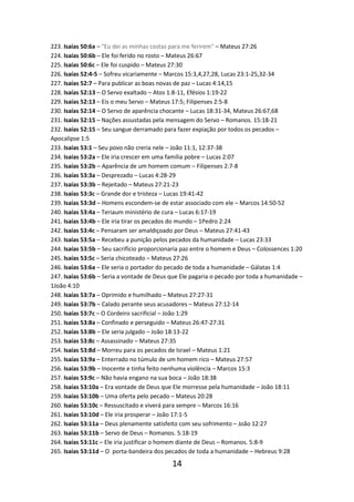 223. Isaías 50:6a – "Eu dei as minhas costas para me ferirem" – Mateus 27:26
224. Isaías 50:6b – Ele foi ferido no rosto – Mateus 26:67
225. Isaías 50:6c – Ele foi cuspido – Mateus 27:30
226. Isaías 52:4-5 – Sofreu vicariamente – Marcos 15:3,4,27,28, Lucas 23:1-25,32-34
227. Isaías 52:7 – Para publicar as boas novas de paz – Lucas 4:14,15
228. Isaías 52:13 – O Servo exaltado – Atos 1:8-11, Efésios 1:19-22
229. Isaías 52:13 – Eis o meu Servo – Mateus 17:5; Filipenses 2:5-8
230. Isaías 52:14 – O Servo de aparência chocante – Lucas 18:31-34, Mateus 26:67,68
231. Isaías 52:15 – Nações assustadas pela mensagem do Servo – Romanos. 15:18-21
232. Isaías 52:15 – Seu sangue derramado para fazer expiação por todos os pecados –
Apocalipse 1:5
233. Isaías 53:1 – Seu povo não creria nele – João 11:1, 12:37-38
234. Isaías 53:2a – Ele iria crescer em uma família pobre – Lucas 2:07
235. Isaías 53:2b – Aparência de um homem comum – Filipenses 2:7-8
236. Isaías 53:3a – Desprezado – Lucas 4:28-29
237. Isaías 53:3b – Rejeitado – Mateus 27:21-23
238. Isaías 53:3c – Grande dor e tristeza – Lucas 19:41-42
239. Isaías 53:3d – Homens escondem-se de estar associado com ele – Marcos 14:50-52
240. Isaías 53:4a – Teriaum ministério de cura – Lucas 6:17-19
241. Isaías 53:4b – Ele iria tirar os pecados do mundo – 1Pedro 2:24
242. Isaías 53:4c – Pensaram ser amaldiçoado por Deus – Mateus 27:41-43
243. Isaías 53:5a – Recebeu a punição pelos pecados da humanidade – Lucas 23:33
244. Isaías 53:5b – Seu sacrifício proporcionaria paz entre o homem e Deus – Colossences 1:20
245. Isaías 53:5c – Seria chicoteado – Mateus 27:26
246. Isaías 53:6a – Ele seria o portador do pecado de toda a humanidade – Gálatas 1:4
247. Isaías 53:6b – Seria a vontade de Deus que Ele pagaria o pecado por toda a humanidade –
1João 4:10
248. Isaías 53:7a – Oprimido e humilhado – Mateus 27:27-31
249. Isaías 53:7b – Calado perante seus acusadores – Mateus 27:12-14
250. Isaías 53:7c – O Cordeiro sacrificial – João 1:29
251. Isaías 53:8a – Confinado e perseguido – Mateus 26:47-27:31
252. Isaías 53:8b – Ele seria julgado – João 18:13-22
253. Isaías 53:8c – Assassinado – Mateus 27:35
254. Isaías 53:8d – Morreu para os pecados de Israel – Mateus 1:21
255. Isaías 53:9a – Enterrado no túmulo de um homem rico – Mateus 27:57
256. Isaías 53:9b – Inocente e tinha feito nenhuma violência – Marcos 15:3
257. Isaías 53:9c – Não havia engano na sua boca – João 18:38
258. Isaías 53:10a – Era vontade de Deus que Ele morresse pela humanidade – João 18:11
259. Isaías 53:10b – Uma oferta pelo pecado – Mateus 20:28
260. Isaías 53:10c – Ressuscitado e viverá para sempre – Marcos 16:16
261. Isaías 53:10d – Ele iria prosperar – João 17:1-5
262. Isaías 53:11a – Deus plenamente satisfeito com seu sofrimento – João 12:27
263. Isaías 53:11b – Servo de Deus – Romanos. 5:18-19
264. Isaías 53:11c – Ele iria justificar o homem diante de Deus – Romanos. 5:8-9
265. Isaías 53:11d – O porta-bandeira dos pecados de toda a humanidade – Hebreus 9:28

14

 