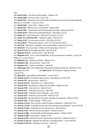 20:4
308. Daniel 9:24a – Para dar fim aos pecados – Gálatas 1:3-5
309. Daniel 9:24b – Ele seria santo – Lucas 1:35
310. Daniel 9:25 – Anunciado com 472 anos de antecedência o dia exato da manifestação do
Messias em Jerusalém – Lucas 19: 37-42
311. Daniel 9:26a – Seria morto – Mateus 27:35
312. Daniel 9:26 – Morreu sem os seus direitos – Mateus 8:20
313. Daniel 9:26c – Assassinado antes da destruição do templo - Mateus 27:50-51
314. Daniel 10:5-6 – Messias em estado glorificado – Apocalipse 1:13-16
315. Oséias 3:5 – Israel restaurado – João 18:37, Romanos 11:25-27
316. Oséias 11:1, Números 24:8 – Fuga para o Egito – Mateus 2:14
317. Oséias 13:14 – Ele iria vencer a morte – 1Coríntios 15:55-57
318. Joel 2:28-32 – Promessa do Espírito – Atos 2:17-21, Romanos 10:13
319. Joel 2:32 – Ofereceria a salvação a toda a humanidade – Romanos.10:12-13
320. Amós 8:9 - O sol escurecerá – Mateus 24:29, Apocalipse 2:20, 6:12
321. Amós 9:11-12 - Restauração da tenda - Atos 14:16-18
322. Miquéias 2:12-13 – Israel reunido – João 10:14,26
323. Miquéias 4:1-8 – Com o reino estabelecido, local de nascimento em Belém - Lucas 1:33,
Mateus 2:1, Lucas 2:4,10,11
324. Miquéias 5:2a – Nascido em Belém – Mateus 2:1-2
325. Miquéias 5:2b – Servo de Deus – João 15:10
326. Miquéias 5:2c – Desde a eternidade – João 8:58
327. Habacuque 2:14 - Terra repleta de conhecimento da glória do Senhor - Romanos 11:26,
Apocalipse 21:23-26
328. Ageu 2:6-9 - Ele iria visitar o segundo Templo Lucas2:27-32
329. Ageu 2:23 – Descendente de Zorobabel – Lucas 3:23-27
330. Zacarias 2:10-13 - O Cordeiro sobre o trono - Apocalipse 5:13, 6:9, 21:24
331. Zacarias 3:8 – Servo de Deus – João 17:4
332. Zacarias 6:12-13 – Sacerdote e rei – Hebreus 8:01
333. Zacarias 9:9a – Recebido com alegria em Jerusalém – Mateus 21:8-10
334. Zacarias 9:9b – Visto como rei – João 12:12-13
335. Zacarias 9:9c – O Messias seria justo – João 5:30
336. Zacarias 9:9d – O Messias traria a salvação – Lucas 19:10
337. Zacarias 9:9e – O Messias seria humilde – Mateus 11:29
338. Zacarias 9:9f – Apresentado em Jerusalém montado num jumento – Mateus 21:6-9
339. Zacarias 10:4 – A pedra angular – Efésios 2:20
340. Zacarias 11:4-6a – Na sua vinda, Israel teria líderes impróprios – Mateus 23:1-36
341. Zacarias 11:4-6b – A rejeição faz com que Deus removesse sua proteção – Lucas 19:41-44
342. Zacarias 11:4-6c – Rejeitado em favor de outro rei – João 19:13-15
343. Zacarias 11:07 – Ministério junto aos pobres – Mateus 9:35-36
344. Zacarias 11:08a – Incredulidade no Messias para rejeitá-lo – Mateus 23:33
345. Zacarias 11:08b – Desprezado – Mateus 27:20
346. Zacarias 11:09 – Deixa de ministrar aqueles que o rejeitaram – Mateus 13:10-11
347. Zacarias 11:10-11a – Rejeição faz remover a proteção de Deus – Lucas 19:41-44
348. Zacarias 11:10-11b – O Messias seria Deus – João 14:7

16

 