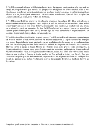 O Pós-Milenismo defende que o Milênio também é antes da segunda vinda, porém, acha que será um 
tempo de prosperidade e paz advinda da pregação do Evangelho em todo o mundo. Para o Pós- 
Milenismo, o mundo ser tornará gradativamente um lugar muito bom, onde o mal será reduzido ao 
mínimo e as nações cooperarão entre si, cristianizando o mundo todo. No final desta era gloriosa, 
Satanás será solto, e então, Jesus voltará e o destruirá. 
O Pré-Milenismo Histórico interpreta literalmente o texto de Apocalipse 20.1-10, e entende que o 
Milênio será estabelecido na segunda vinda de Jesus, e será um reino de mil anos sobre a terra, onde o 
Senhor regerá as nações com cetro de ferro, minimizará o mal existente, e estabelecerá uma era de 
ouro, reinando a partir de Jerusalém. Ao final do Milênio Satanás será solto e convencerá as nações a 
fazerem guerra contra Jerusalém. Então, descerá fogo do céu e consumirá as nações rebeldes. Em 
seguida o Senhor estabelecerá o Juízo e o tempo eterno. 
O Pré-Milenismo Dispensacionalista se parece com o Pré-Milenismo Histórico em sua expectativa por 
um milênio futuro e literal, porém, se difere em detalhes específicos. O Dispensacionalismo distingue 
pelo menos duas vindas de Jesus, a primeira para o arrebatamento dos salvos, e a segunda depois de 
sete anos de tribulação para o estabelecimento do Milênio. No Dispensacionalismo há um tratamento 
diferente entre a igreja e Israel. Mesmo no Milênio estes dois grupos serão distinguidos. O 
Dispensacionalismo entende que a igreja é uma espécie de parêntesis na história de Deus com Israel. 
Na primeira vinda de Jesus, o Evangelho foi oferecido aos judeus, mas como eles o rejeitaram, Deus o 
ofereceu aos gentios e formou a igreja, porém no fim, voltará a tratar com Israel. Uma das 
características principais do Pré-Milenismo, seja Histórico ou Dispensacionalista é a interpretação 
literal das passagens do Antigo Testamento sobre a restauração de Israel, e também do livro do 
Apocalipse. 
O seguinte quadro nos ajuda a entender as diferenças entre esses quatro sistemas2: 
 
