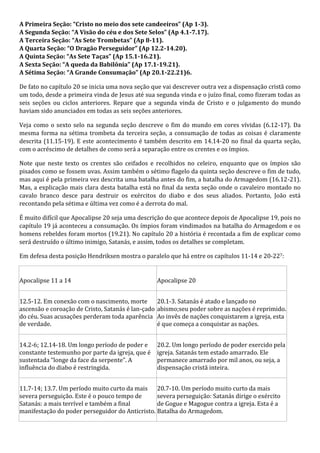 A Primeira Seção: “Cristo no meio dos sete candeeiros” (Ap 1-3). 
A Segunda Seção: “A Visão do céu e dos Sete Selos” (Ap 4.1-7.17). 
A Terceira Seção: “As Sete Trombetas” (Ap 8-11). 
A Quarta Seção: “O Dragão Perseguidor” (Ap 12.2-14.20). 
A Quinta Seção: “As Sete Taças” (Ap 15.1-16.21). 
A Sexta Seção: “A queda da Babilônia” (Ap 17.1-19.21). 
A Sétima Seção: “A Grande Consumação” (Ap 20.1-22.21)6. 
De fato no capítulo 20 se inicia uma nova seção que vai descrever outra vez a dispensação cristã como 
um todo, desde a primeira vinda de Jesus até sua segunda vinda e o juízo final, como fizeram todas as 
seis seções ou ciclos anteriores. Repare que a segunda vinda de Cristo e o julgamento do mundo 
haviam sido anunciados em todas as seis seções anteriores. 
Veja como o sexto selo na segunda seção descreve o fim do mundo em cores vívidas (6.12-17). Da 
mesma forma na sétima trombeta da terceira seção, a consumação de todas as coisas é claramente 
descrita (11.15-19). E este acontecimento é também descrito em 14.14-20 no final da quarta seção, 
com o acréscimo de detalhes de como será a separação entre os crentes e os ímpios. 
Note que neste texto os crentes são ceifados e recolhidos no celeiro, enquanto que os ímpios são 
pisados como se fossem uvas. Assim também o sétimo flagelo da quinta seção descreve o fim de tudo, 
mas aqui é pela primeira vez descrita uma batalha antes do fim, a batalha do Armagedom (16.12-21). 
Mas, a explicação mais clara desta batalha está no final da sexta seção onde o cavaleiro montado no 
cavalo branco desce para destruir os exércitos do diabo e dos seus aliados. Portanto, João está 
recontando pela sétima e última vez como é a derrota do mal. 
É muito difícil que Apocalipse 20 seja uma descrição do que acontece depois de Apocalipse 19, pois no 
capítulo 19 já aconteceu a consumação. Os ímpios foram vindimados na batalha do Armagedom e os 
homens rebeldes foram mortos (19.21). No capítulo 20 a história é recontada a fim de explicar como 
será destruído o último inimigo, Satanás, e assim, todos os detalhes se completam. 
Em defesa desta posição Hendriksen mostra o paralelo que há entre os capítulos 11-14 e 20-227: 
Apocalipse 11 a 14 Apocalipse 20 
12.5-12. Em conexão com o nascimento, morte 
ascensão e coroação de Cristo, Satanás é lan-çado 
do céu. Suas acusações perderam toda aparência 
de verdade. 
20.1-3. Satanás é atado e lançado no 
abismo;seu poder sobre as nações é reprimido. 
Ao invês de nações conquistarem a igreja, esta 
é que começa a conquistar as nações. 
14.2-6; 12.14-18. Um longo período de poder e 
constante testemunho por parte da igreja, que é 
sustentada “longe da face da serpente”. A 
influência do diabo é restringida. 
20.2. Um longo período de poder exercido pela 
igreja. Satanás tem estado amarrado. Ele 
permanece amarrado por mil anos, ou seja, a 
dispensação cristã inteira. 
11.7-14; 13.7. Um período muito curto da mais 
severa perseguição. Este é o pouco tempo de 
Satanás: a mais terrível e também a final 
manifestação do poder perseguidor do Anticristo. 
20.7-10. Um período muito curto da mais 
severa perseguição: Satanás dirige o exército 
de Gogue e Magogue contra a igreja. Esta é a 
Batalha do Armagedom. 
 