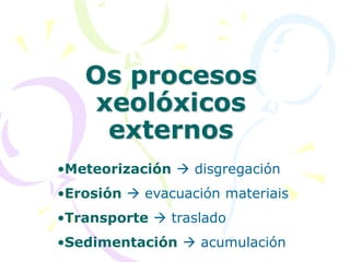 Os procesos
xeolóxicos
externos
•Meteorización  disgregación
•Erosión  evacuación materiais
•Transporte  traslado
•Sedimentación  acumulación
 