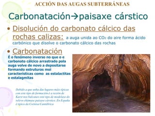 Carbonataciónpaisaxe cárstico
• Disolución do carbonato cálcico das
rochas calizas: a auga unida ao CO2 do aire forma ácido
carbónico que disolve o carbonato cálcico das rochas
• Carbonatación
É o fenómeno inverso no que o e
carbonato cálcico arrastrado pola
auga volve de novo a depositarse
formando estruturas moi
características como as estalactitas
e estalagmitas
Debido a que unha das lugares máis típicas
con este tipo de formación é a rexión de
Karst nos balcanes este tipo de modelaxe do
relevo chámase paixase cárstico. En España
é tipico da Cornisa Cantábrica
ACCIÓN DAS AUGAS SUBTERRÁNEAS
 