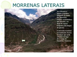 MORRENAS LATERAIS
Ao retirarse o
glaciar se poden
observar os restos
das morrenas
(rochas acumuladas)
nos laterais e no
final do espazo
ocupado pola língua
do glaciar.
A morrena terminal
normalmente forma
un dique que pode
orixinar un lago
(Ex.: Lago de
Sanabria- Zamora)
 
