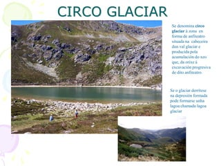 CIRCO GLACIAR
Se denomina circo
glaciar á zona en
forma de anfiteatro
situada na cabeceira
dun val glaciar e
producida pola
acumulación do xeo
que, da orixe á
excavación progresiva
de dito anfiteatro.
Se o glaciar derrítese
na depresión formada
pode formarse unha
lagoa chamada lagoa
glaciar
 