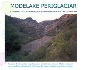MODELAXE PERIGLACIAR
Nas zonas de alta montaña ouras formacións características, pero non debidas os glaciares
son os canchais, orixinados pola xelifracción das rochas polas diferenzas de temperaturas
CANCHAIS: FRAGMENTOS DE ROCHAS ORIXINADOS POLA XELIFRACCIÓN
 
