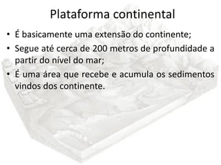 Plataforma continental
• É basicamente uma extensão do continente;
• Segue até cerca de 200 metros de profundidade a
  partir do nível do mar;
• É uma área que recebe e acumula os sedimentos
  vindos dos continente.
 