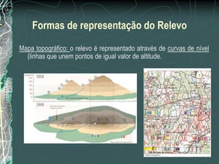 Formas de representação do Relevo
Mapa topográfico: o relevo é representado através de curvas de nível
  (linhas que unem pontos de igual valor de altitude.
 
