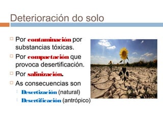 Deterioración do solo
 Por contaminación por
substancias tóxicas.
 Por compactación que
provoca desertificación.
 Por salinización.
 As consecuencias son
 Desertización (natural)
 Desertificación (antrópico)
 