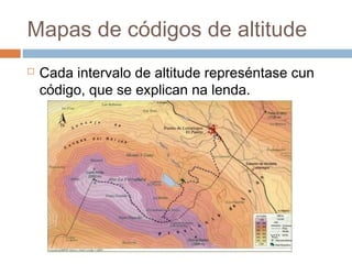 Mapas de códigos de altitude
 Cada intervalo de altitude represéntase cun
código, que se explican na lenda.
 