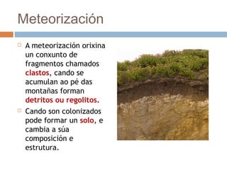 Meteorización
 A meteorización orixina
un conxunto de
fragmentos chamados
clastos, cando se
acumulan ao pé das
montañas forman
detritos ou regolitos.
 Cando son colonizados
pode formar un solo, e
cambia a súa
composición e
estrutura.
 