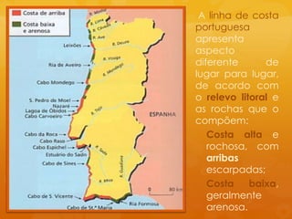  A linha de costa portuguesaapresentaaspectodiferente de lugarparalugar, de acordo com o relevolitorale as rochasque o compõem:Costa altae rochosa, com arribasescarpadas;