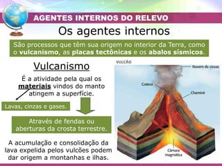 Placa das Filipinas
AGENTES INTERNOS DO RELEVO
Os agentes internos
Vulcanismo
São processos que têm sua origem no interior da Terra, como
o vulcanismo, as placas tectônicas e os abalos sísmicos.
Através de fendas ou
aberturas da crosta terrestre.
Lavas, cinzas e gases.
É a atividade pela qual os
materiais vindos do manto
atingem a superfície.
A acumulação e consolidação da
lava expelida pelos vulcões podem
dar origem a montanhas e ilhas.
 