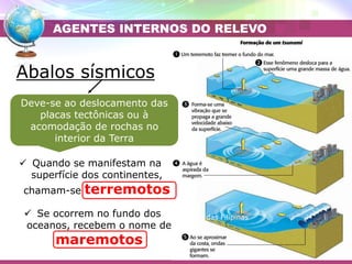 Placa das Filipinas
Abalos sísmicos
 Quando se manifestam na
superfície dos continentes,
chamam-se terremotos
 Se ocorrem no fundo dos
oceanos, recebem o nome de
maremotos
Deve-se ao deslocamento das
placas tectônicas ou à
acomodação de rochas no
interior da Terra
AGENTES INTERNOS DO RELEVO
 