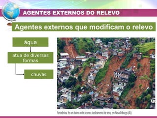 Placa Eurasiática
Placa do Pacífico
água
atua de diversas
formas
chuvas
AGENTES EXTERNOS DO RELEVO
Agentes externos que modificam o relevo
 