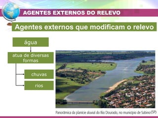 Placa Eurasiática
Placa do Pacífico
água
atua de diversas
formas
chuvas
rios
AGENTES EXTERNOS DO RELEVO
Agentes externos que modificam o relevo
 