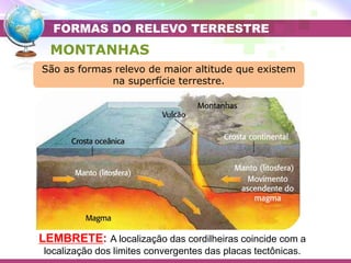 Placa Eurasiática
Placa das Filipinas
Placa do Pacífico
MONTANHAS
LEMBRETE: A localização das cordilheiras coincide com a
localização dos limites convergentes das placas tectônicas.
FORMAS DO RELEVO TERRESTRE
São as formas relevo de maior altitude que existem
na superfície terrestre.
 