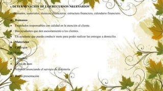 6. DETERMINACIÓN DE LOS RECURSOS NECESARIOS
Humanos, materiales, técnicos, financieros: estructura financiera, calendario financiero.
a. Humanos
 Empelados responsables con calidad en la atención al cliente.
 Dos ayudantes que den asesoramiento a los clientes.
 Un ayudante que pueda conducir moto para poder realizar las entregas a domicilio.
a. Materiales
 Catálogos
 Celular
 Utensilios
 Útiles de aseo
 Volantes anunciando el servicio de floristería
 Buena presentación
 