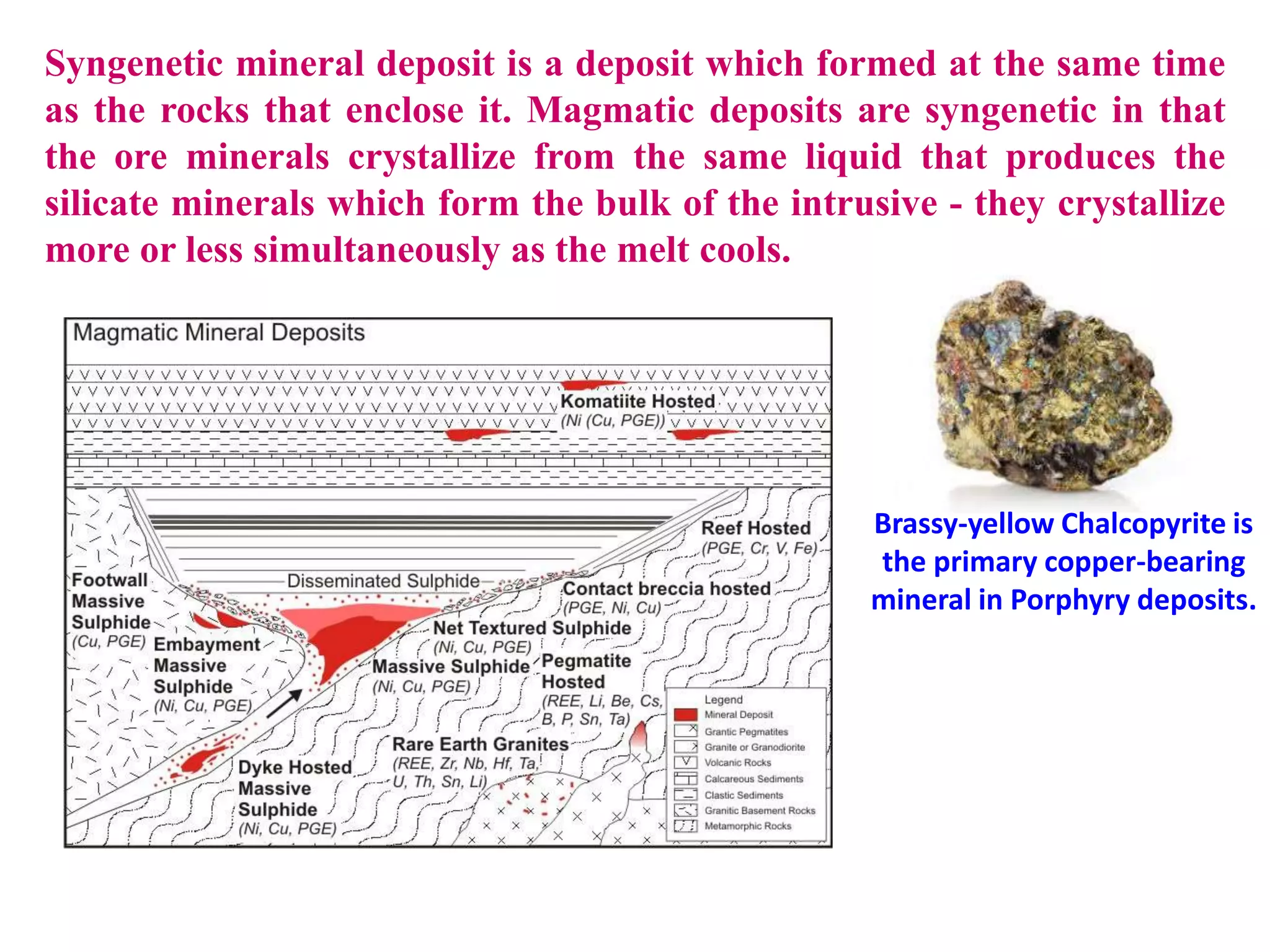 Syngenetic mineral deposit is a deposit which formed at the same time
as the rocks that enclose it. Magmatic deposits are syngenetic in that
the ore minerals crystallize from the same liquid that produces the
silicate minerals which form the bulk of the intrusive - they crystallize
more or less simultaneously as the melt cools.
Brassy-yellow Chalcopyrite is
the primary copper-bearing
mineral in Porphyry deposits.
 