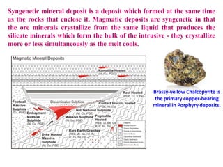 Syngenetic mineral deposit is a deposit which formed at the same time
as the rocks that enclose it. Magmatic deposits are syngenetic in that
the ore minerals crystallize from the same liquid that produces the
silicate minerals which form the bulk of the intrusive - they crystallize
more or less simultaneously as the melt cools.
Brassy-yellow Chalcopyrite is
the primary copper-bearing
mineral in Porphyry deposits.
 