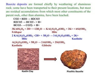 Bauxite deposits are formed chiefly by weathering of aluminous
rock; some have been transported to their present locations, but most
are residual accumulations from which most other constituents of the
parent rock, other than alumina, have been leached.
CO2 + H2O → H2CO3
H2CO3 → HCO3 - + H+
HCO3- → CO32- + H+
3KAlSi3O8 + 2H+ + 12H2O → KAl3Si3O10(OH)2 + 2K+ + 6Si(OH)4
Feldspar Illite
2 KAl3Si3O10(OH)2 +2H+ + 3H2O → 3Al2Si2O5(OH)4 + 2K+
Illite Kaolinite
Al2Si2O5(OH)4 + 5H2O → 2Al(OH)3 + 2Si(OH)4
Kaolinite Gibbsite
Kaolin Clay Pisolitic Bauxite
 