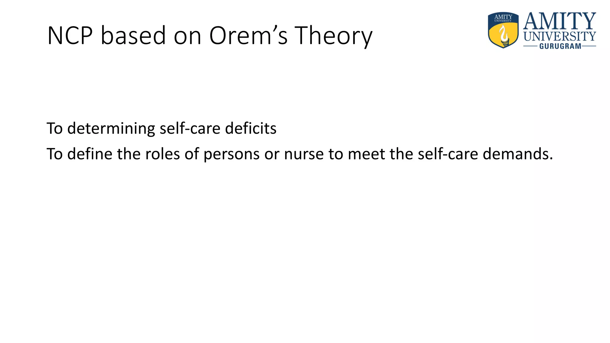 NCP based on Orem’s Theory
To determining self-care deficits
To define the roles of persons or nurse to meet the self-care demands.
 
