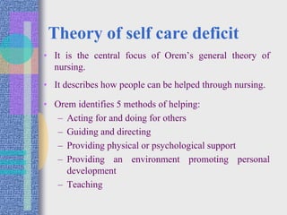 Theory of self care deficit
• It is the central focus of Orem’s general theory of
nursing.
• It describes how people can be helped through nursing.
• Orem identifies 5 methods of helping:
– Acting for and doing for others
– Guiding and directing
– Providing physical or psychological support
– Providing an environment promoting personal
development
– Teaching
 