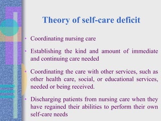 Theory of self-care deficit
• Coordinating nursing care
• Establishing the kind and amount of immediate
and continuing care needed
• Coordinating the care with other services, such as
other health care, social, or educational services,
needed or being received.
• Discharging patients from nursing care when they
have regained their abilities to perform their own
self-care needs
 