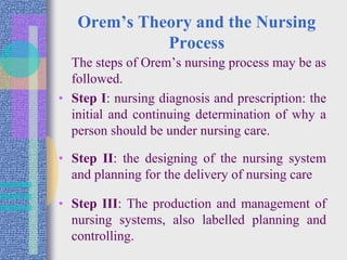 Orem’s Theory and the Nursing
Process
The steps of Orem’s nursing process may be as
followed.
• Step I: nursing diagnosis and prescription: the
initial and continuing determination of why a
person should be under nursing care.
• Step II: the designing of the nursing system
and planning for the delivery of nursing care
• Step III: The production and management of
nursing systems, also labelled planning and
controlling.
 