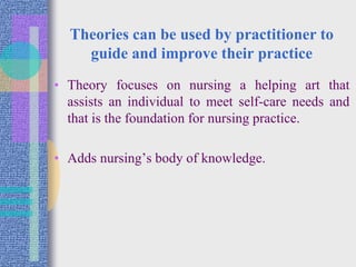 Theories can be used by practitioner to
guide and improve their practice
• Theory focuses on nursing a helping art that
assists an individual to meet self-care needs and
that is the foundation for nursing practice.
• Adds nursing’s body of knowledge.
 