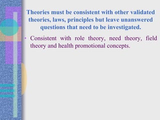 Theories must be consistent with other validated
theories, laws, principles but leave unanswered
questions that need to be investigated.
• Consistent with role theory, need theory, field
theory and health promotional concepts.
 