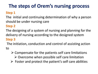 The steps of Orem’s nursing process
Step 1
The initial and continuing determination of why a person
should be under nursing care
Step 2
The designing of a system of nursing and planning for the
delivery of nursing according to the designed system
Step 3
The initiation, conduction and control of assisting action
to
 Compensate for the patients self care limitations
 Overcome when possible self care limitation
 Foster and protect the patient’s self care abilities
 