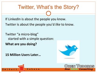 Twitter, What’s the Story? If LinkedIn is about the people you know. Twitter is about the people you’d  like  to know. Twitter “a micro-blog”  started with a simple question: What are you doing?  15 Million Users Later… 