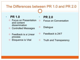 PR 1.0 Focus on Presentation and content dissemination  Controlled Messages Feedback is a Linear process Eloquence is Vital  The Differences between PR 1.0 and PR 2.0 PR 2.0 Focus on Conversation Dialogue Feedback is 24/7 Truth and Transparency 