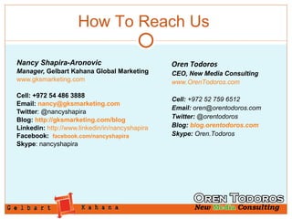 Nancy Shapira-Aronovic Manager,  Gelbart Kahana Global Marketing www.gksmarketing.com Cell: +972 54 486 3888  Email:  [email_address] Twitter : @nancyshapira Blog:  http://gksmarketing.com/blog Linkedin:   http://www.linkedin/in/nancyshapira Facebook:  facebook.com/nancyshapira Skype : nancyshapira Oren Todoros CEO, New Media Consulting www.OrenTodoros.com Cell:  +972 52 759 6512 Email:  [email_address] Twitter:  @orentodoros Blog:  blog.orentodoros.com Skype:  Oren.Todoros How To Reach Us 