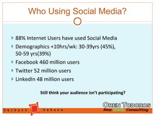 Who Using Social Media? 88% Internet Users have used Social Media Demographics +10hrs/wk: 30-39yrs (45%),  50-59 yrs(39%) Facebook 460 million users Twitter 52 million users LinkedIn 48 million users Still think your audience isn’t participating? 