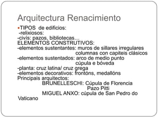 Arquitectura Renacimiento
TIPOS de edificios:
-relixiosos:
-civís: pazos, bibliotecas…
ELEMENTOS CONSTRUTIVOS:
-elementos sustentantes: muros de sillares irregulares
columnas con capiteis clásicos
-elementos sustentados: arco de medio punto
cúpula e bóveda
-planta: cruz latina/ cruz grega
-elementos decorativos: frontóns, medallóns
Principais arquitectos:
BRUNELLESCHI: Cúpula de Florencia
Pazo Pitti
MIGUEL ANXO: cúpula de San Pedro do
Vaticano
 