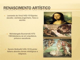 RENASCIMENTO ARTÍSTICO
   Leonardo da Vinci(1452-1519)pintor,
    escultor, cientista,engenheiro, físico e
                     escritor.




        Michelangelo Buonarroti(1475-
        1564)destacou-se em arquitetura,
              pintura e esculturas.




    Sandro Botticelli(1455-1510)-pintor
    italiano abordou temas mitológicos e
                  religiosos.
 