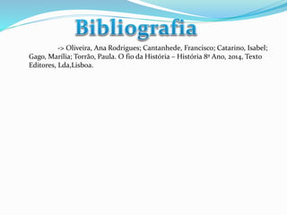 -> Oliveira, Ana Rodrigues; Cantanhede, Francisco; Catarino, Isabel; 
Gago, Marília; Torrão, Paula. O fio da História – História 8º Ano, 2014, Texto 
Editores, Lda,Lisboa. 
 
