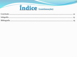 Conclusão ………………………………………………………………………………………………………………………………. 22 
Infografia ……………………………………………………………………………………………………………………………….. 23 
Bibliografia …………………………………………………………………………………………………………………………….. 25 
 