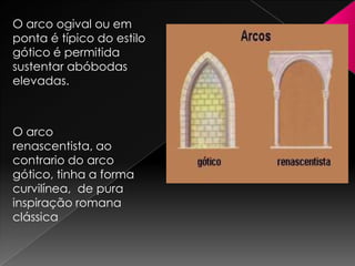 O arco ogival ou em
ponta é típico do estilo
gótico é permitida
sustentar abóbodas
elevadas.



O arco
renascentista, ao
contrario do arco
gótico, tinha a forma
curvilínea, de pura
inspiração romana
clássica
 
