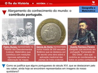 Alargamento do conhecimento do mundo: o
contributo português.
Como se justifica que alguns portugueses do século XVI, que se destacaram pelo
seu saber, ainda hoje se encontrem representados em imagens do nosso
quotidiano?
Pedro Nunes representado no
Padrão dos Descobrimentos
(Lisboa). Matemático que
contribuiu com medições
rigorosas aplicadas na
elaboração de mapas.
Duarte Pacheco Pereira
Geógrafo que escreveu em
português “Esmeraldo de
Situ Orbis”, obra que
continha as coordenadas de
todos os portos conhecidos.
Garcia de Horta representado
numa moeda de 200 escudos.
Botânico que se destacou por
ter escrito uma obra sobre a
aplicação medicinal das
plantas de Índia ocidental.
Geografia e
Matemática
 