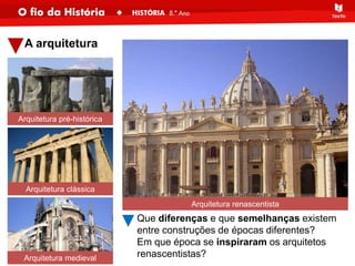 A arquitetura
Arquitetura pré-histórica
Que diferenças e que semelhanças existem
entre construções de épocas diferentes?
Em que época se inspiraram os arquitetos
renascentistas?
Arquitetura clássica
Arquitetura medieval
Arquitetura renascentista
 